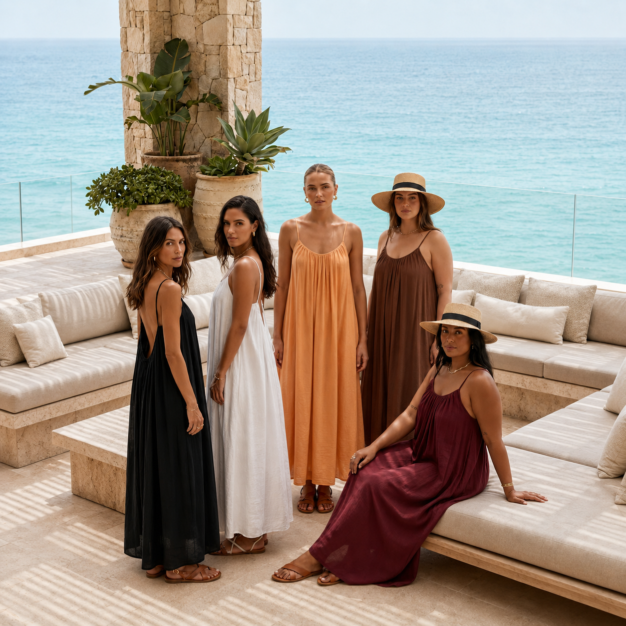 Donne indossano l'abito fluido Tovaneo in diversi colori estivi